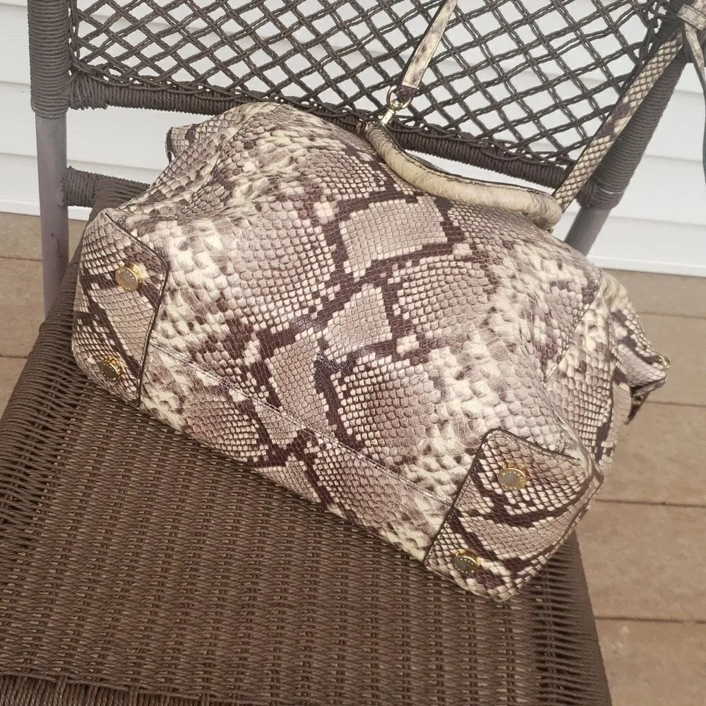 Michael Kors Black Tan Beige Python Embossed Leather Handbag Shoulder Bag Purs